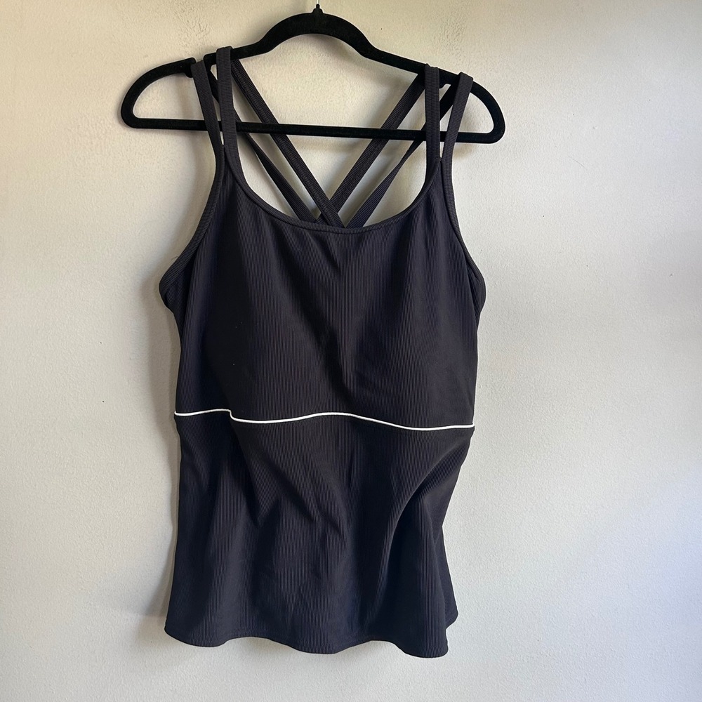 Lands End Black Ribbed Strappy Back Tankini Top DD Cup Size 14 DD